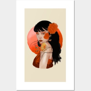 Beautiful portrait design woman watercolor artistic orange Posters and Art